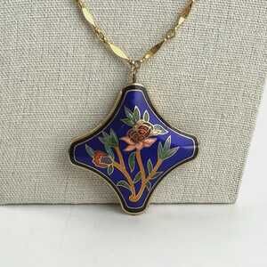 Vintage Freirich Cloisonné Cobalt Blue Floral Design DBL Sided Pendant Necklace